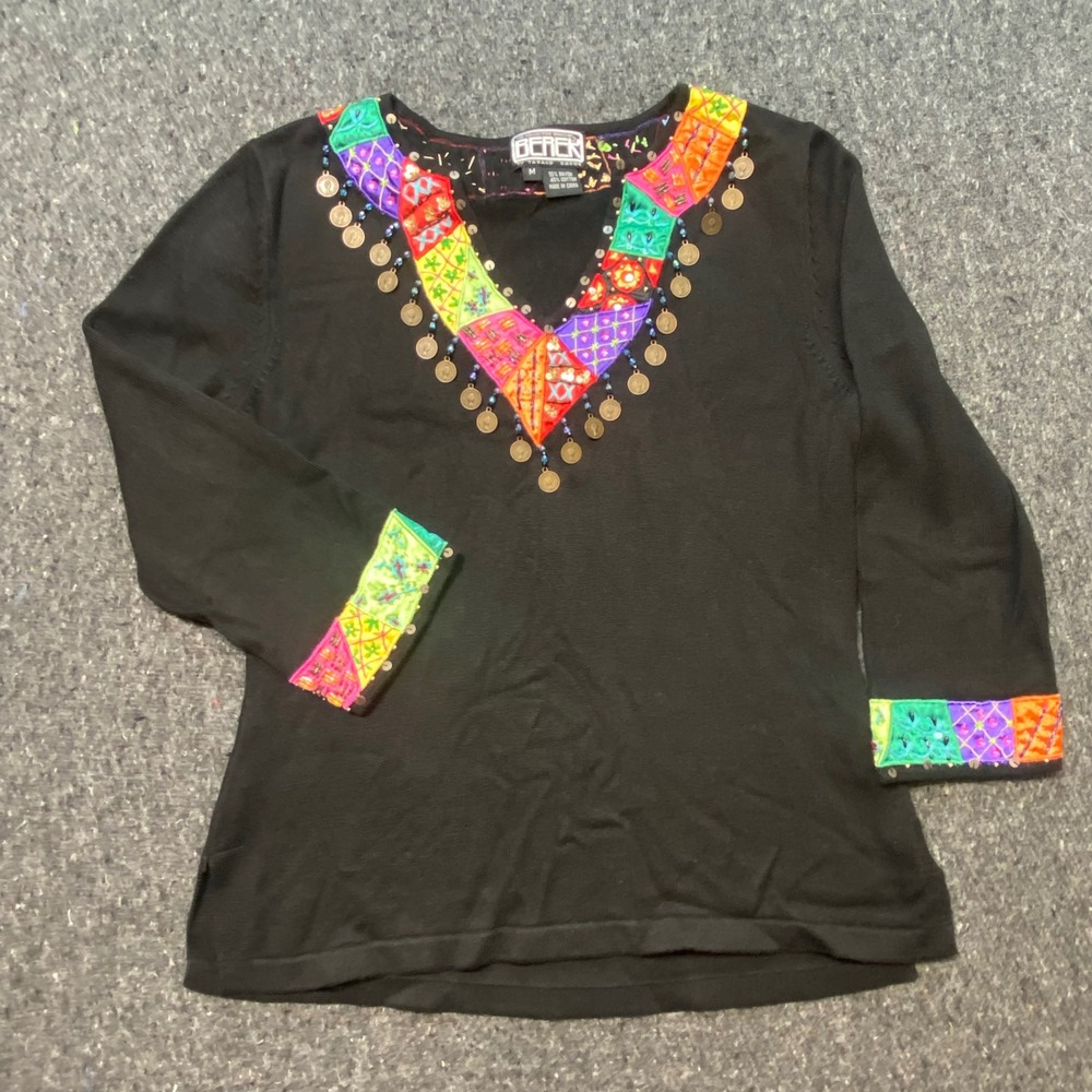 Berek Knit Top M Women Black Boho Embroidered Sequin Coin Charms V Neck Pullover